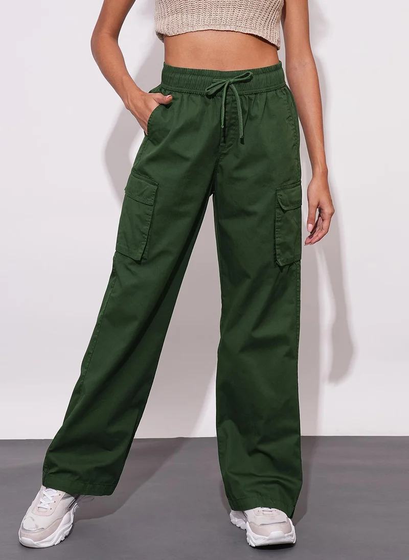 globus Globus Women Cotton High-Rise Elasticated Waist Relaxed Fit Wide Leg Cargo Trousers